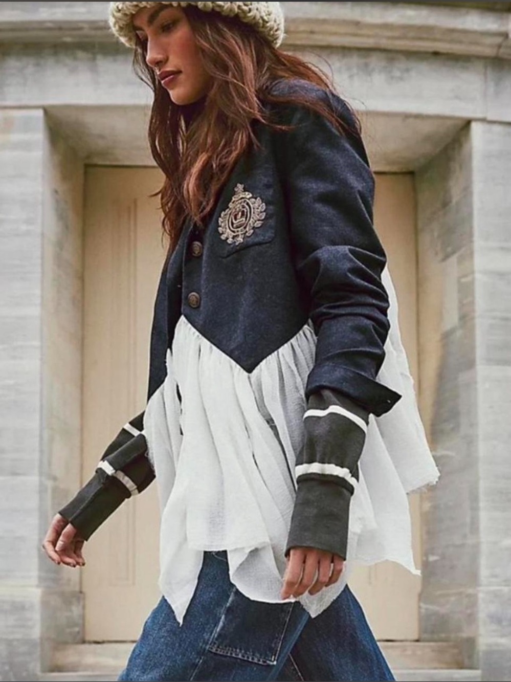 Free People Black and White Layered Peplum Blazer with Crest Patch